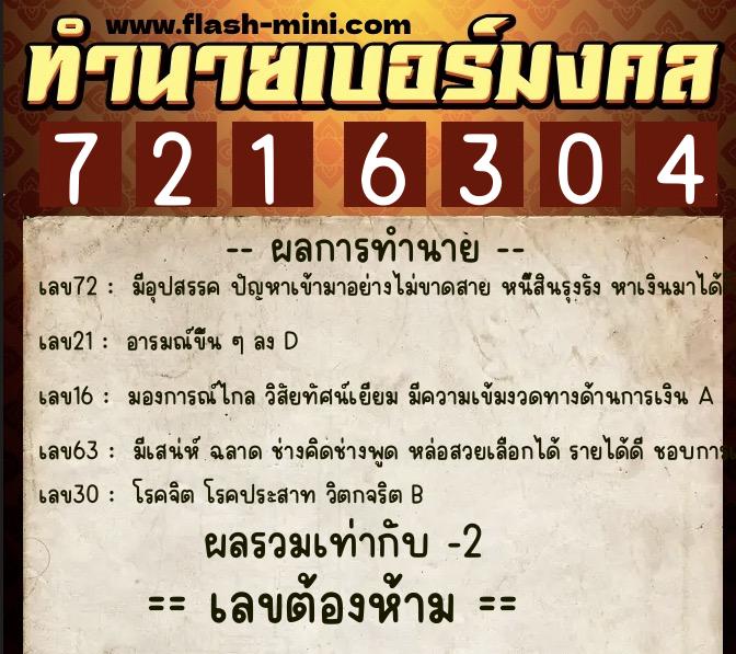 ทำนายเบอร์มงคล 0XX-7216304  ทำนายเบอร์มงคล หมายเลข 084-721630 