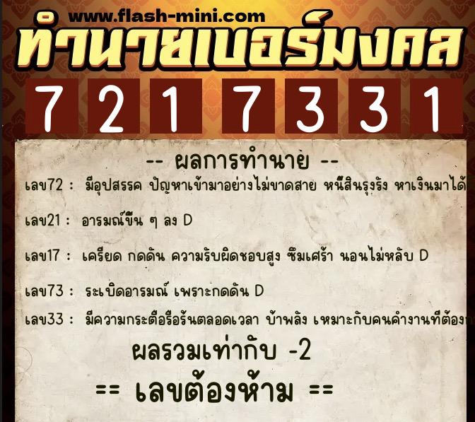 ทำนายเบอร์มงคล 0XX-7217331  ทำนายเบอร์มงคล หมายเลข 083-721733 