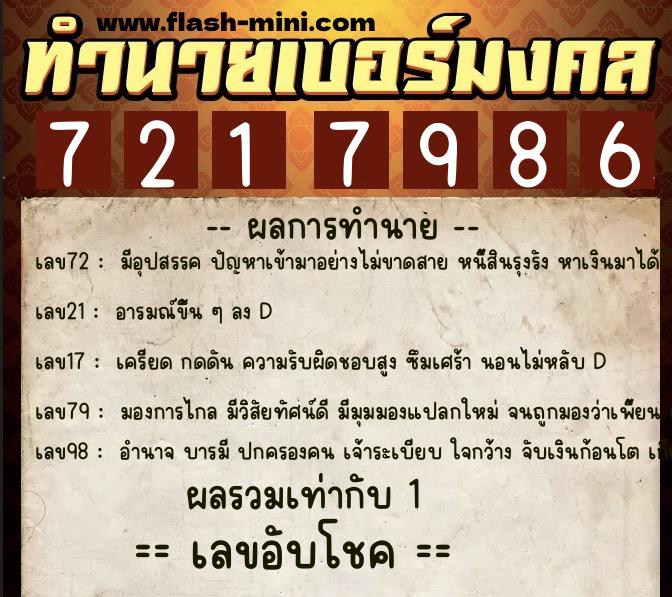 ทำนายเบอร์มงคล 0XX-7217986 ทำนายเบอร์มงคล หมายเลข 066-721798 ทำนายเบอร์มงคล 0XX-7217986 ทำนายเบอร์มงคล หมายเลข 066-721798