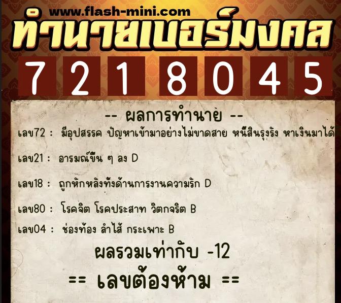 ทำนายเบอร์มงคล 0XX-7218045  ทำนายเบอร์มงคล หมายเลข 090-721804 