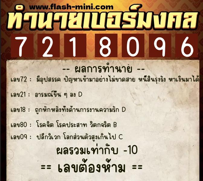 ทำนายเบอร์มงคล 0XX-7218096  ทำนายเบอร์มงคล หมายเลข 062-721809 