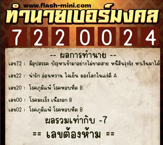 ทำนายเบอร์มงคล 0XX-7220024  ทำนายเบอร์มงคล หมายเลข 062-722002 