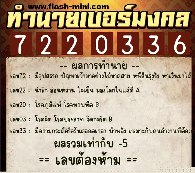 ทำนายเบอร์มงคล 0XX-7220336  ทำนายเบอร์มงคล หมายเลข 060-722033 