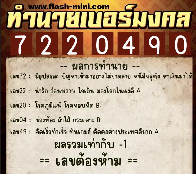 ทำนายเบอร์มงคล 0XX-7220490  ทำนายเบอร์มงคล หมายเลข 084-722049 