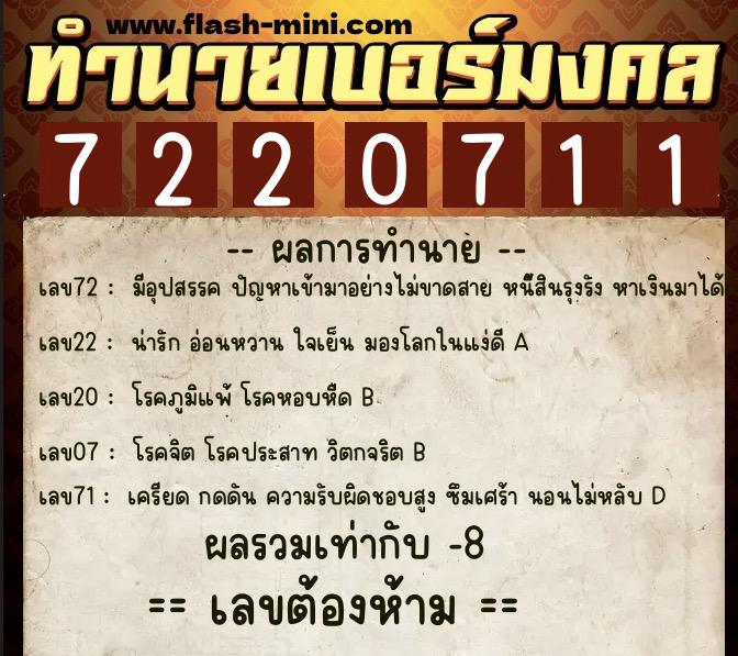ทำนายเบอร์มงคล 0XX-7220711  ทำนายเบอร์มงคล หมายเลข 091-722071 