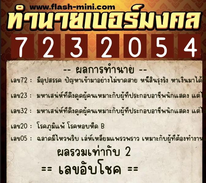 ทำนายเบอร์มงคล 0XX-7232054  ทำนายเบอร์มงคล หมายเลข 082-723205 