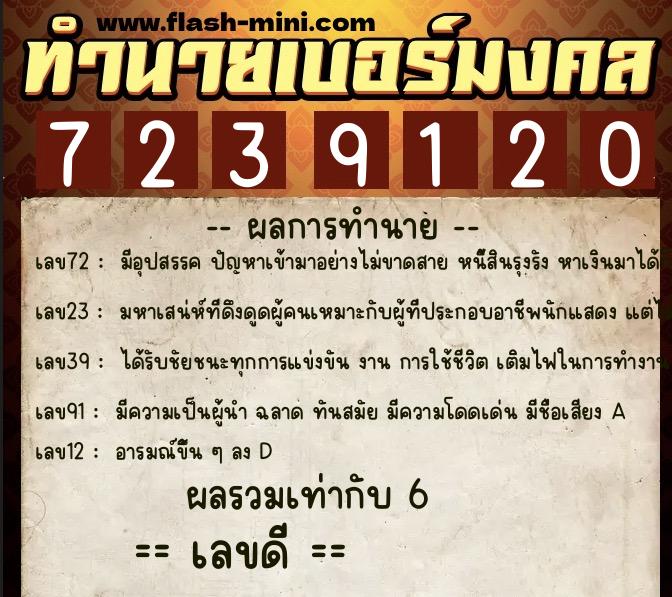 ทำนายเบอร์มงคล 0XX-7239120  ทำนายเบอร์มงคล หมายเลข 090-723912 
