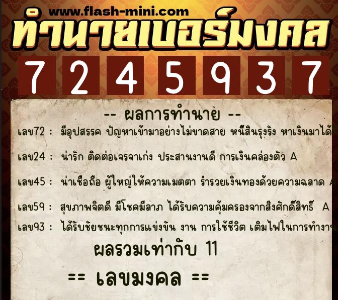 ทำนายเบอร์มงคล 0XX-7245937  ทำนายเบอร์มงคล หมายเลข 090-724593 