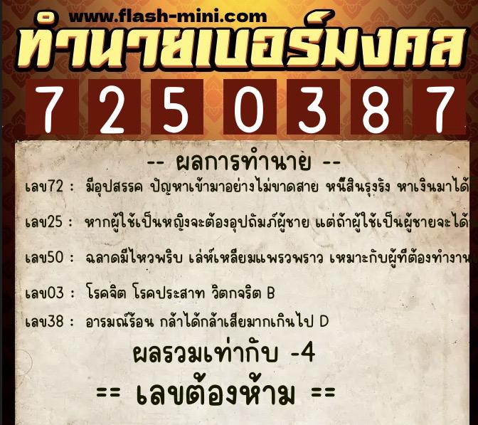 ทำนายเบอร์มงคล 0XX-7250387  ทำนายเบอร์มงคล หมายเลข 068-725038 