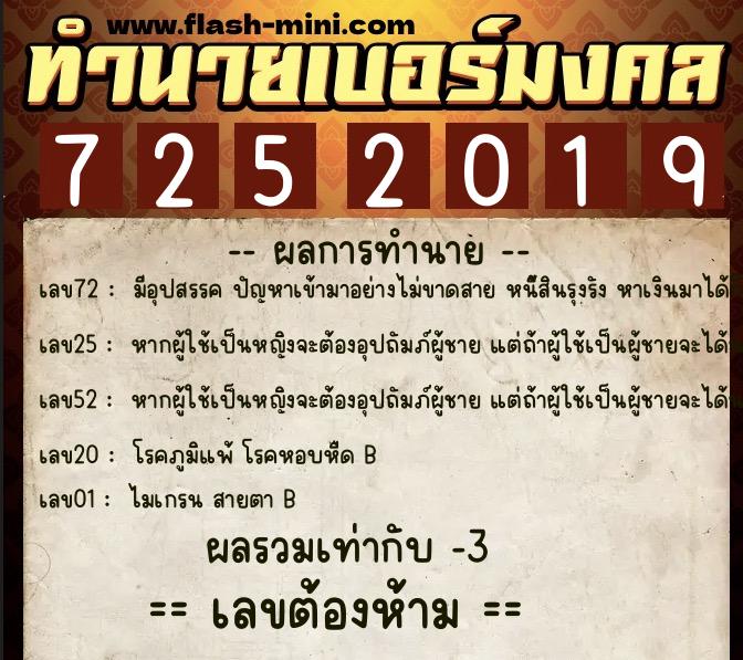 ทำนายเบอร์มงคล 0XX-7252019  ทำนายเบอร์มงคล หมายเลข 061-725201 