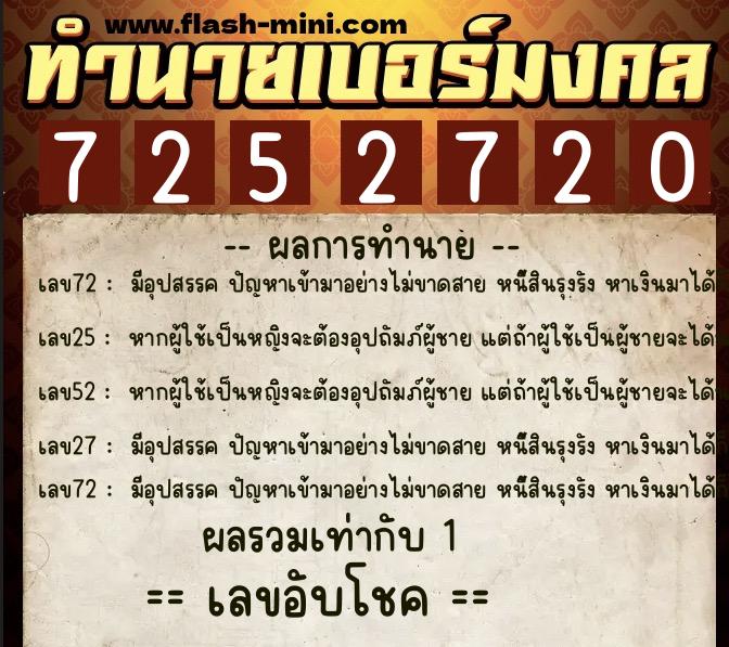 ทำนายเบอร์มงคล 0XX-7252720  ทำนายเบอร์มงคล หมายเลข 089-725272 