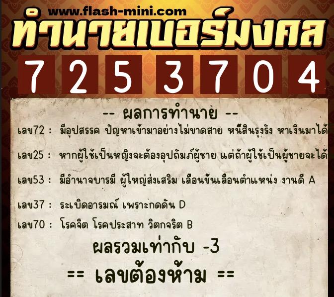 ทำนายเบอร์มงคล 0XX-7253704  ทำนายเบอร์มงคล หมายเลข 083-725370 