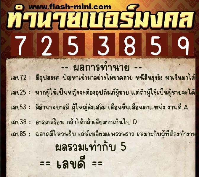 ทำนายเบอร์มงคล 0XX-7253859 ทำนายเบอร์มงคล หมายเลข 094-725385 ทำนายเบอร์มงคล 0XX-7253859 ทำนายเบอร์มงคล หมายเลข 094-725385
