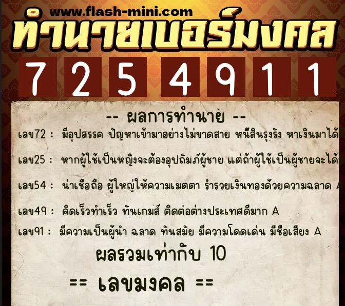 ทำนายเบอร์มงคล 0XX-7254911  ทำนายเบอร์มงคล หมายเลข 083-725491 