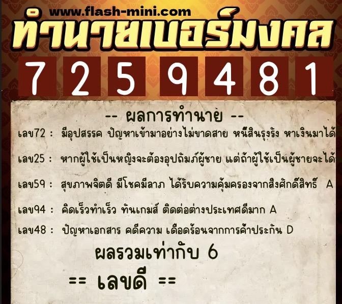 ทำนายเบอร์มงคล 0XX-7259481  ทำนายเบอร์มงคล หมายเลข 089-725948 