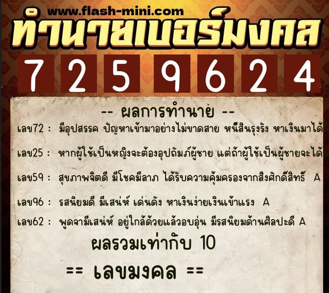 ทำนายเบอร์มงคล 0XX-7259624  ทำนายเบอร์มงคล หมายเลข 097-725962 