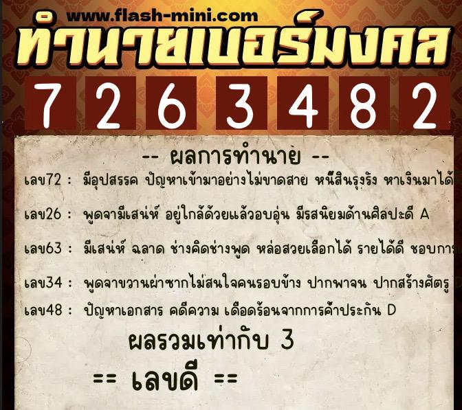 ทำนายเบอร์มงคล 0XX-7263482  ทำนายเบอร์มงคล หมายเลข 091-726348 