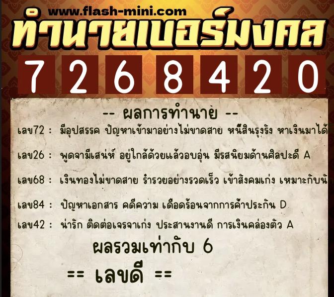 ทำนายเบอร์มงคล 0XX-7268420  ทำนายเบอร์มงคล หมายเลข 088-726842 