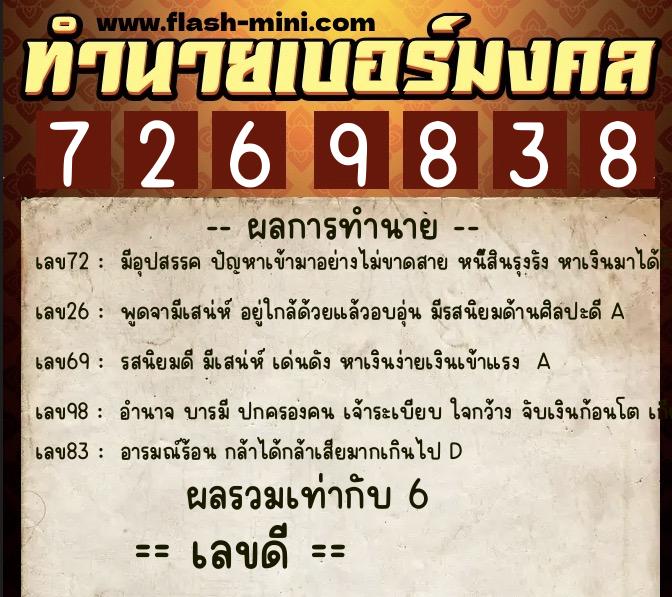 ทำนายเบอร์มงคล 0XX-7269838  ทำนายเบอร์มงคล หมายเลข 061-726983 