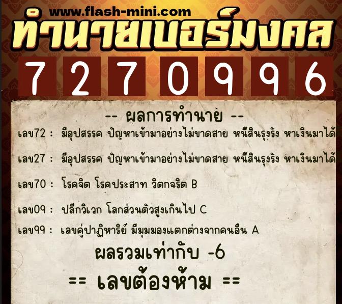 ทำนายเบอร์มงคล 0XX-7270996  ทำนายเบอร์มงคล หมายเลข 090-727099 