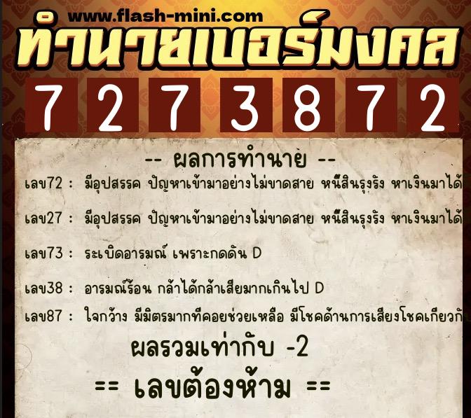ทำนายเบอร์มงคล 0XX-7273872  ทำนายเบอร์มงคล หมายเลข 091-727387 