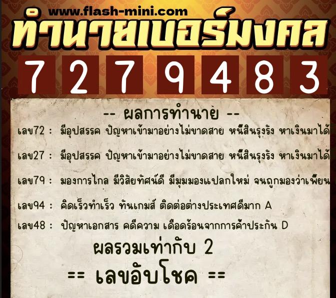 ทำนายเบอร์มงคล 0XX-7279483  ทำนายเบอร์มงคล หมายเลข 065-727948 