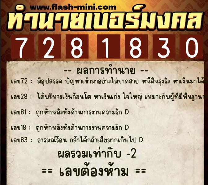 ทำนายเบอร์มงคล 0XX-7281830  ทำนายเบอร์มงคล หมายเลข 097-728183 