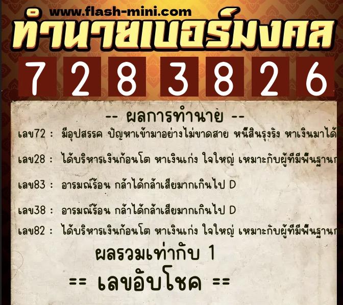 ทำนายเบอร์มงคล 0XX-7283826  ทำนายเบอร์มงคล หมายเลข 083-728382 