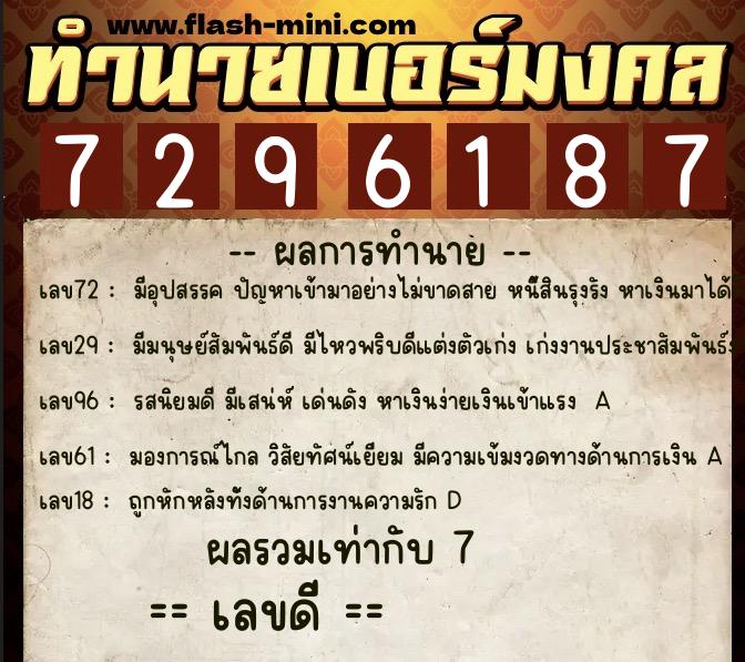 ทำนายเบอร์มงคล 0XX-7296187  ทำนายเบอร์มงคล หมายเลข 069-729618 