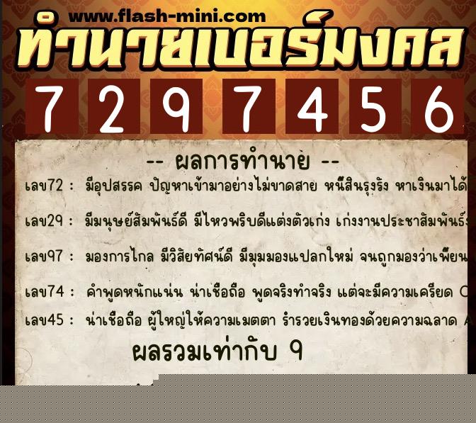 ทำนายเบอร์มงคล 0XX-7297456  ทำนายเบอร์มงคล หมายเลข 094-729745 