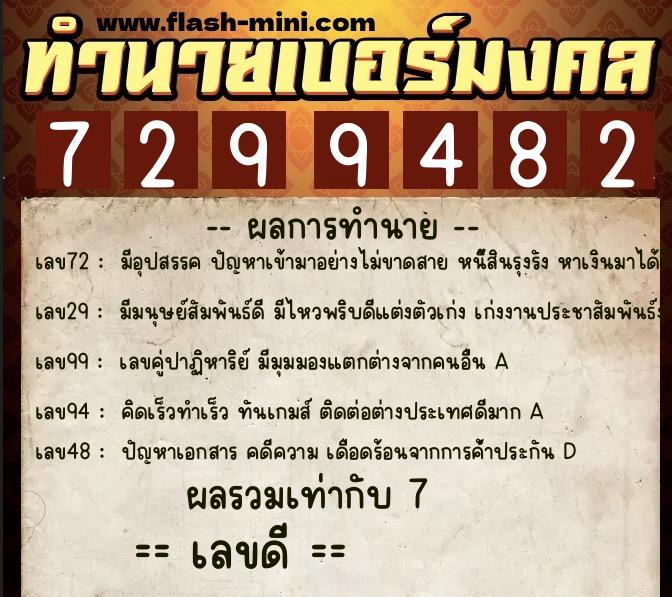ทำนายเบอร์มงคล 0XX-7299482  ทำนายเบอร์มงคล หมายเลข 069-729948 