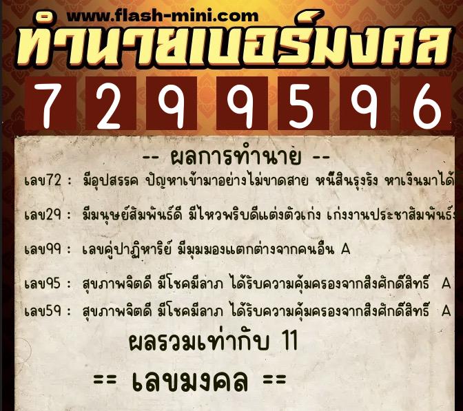 ทำนายเบอร์มงคล 0XX-7299596  ทำนายเบอร์มงคล หมายเลข 062-729959 