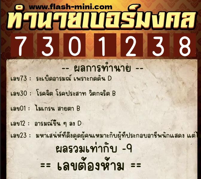 ทำนายเบอร์มงคล 0XX-7301238  ทำนายเบอร์มงคล หมายเลข 088-730123 