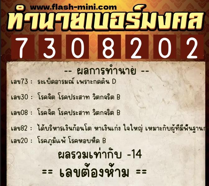 ทำนายเบอร์มงคล 0XX-7308202  ทำนายเบอร์มงคล หมายเลข 083-730820 