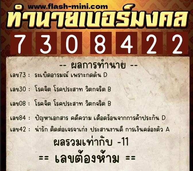ทำนายเบอร์มงคล 0XX-7308422  ทำนายเบอร์มงคล หมายเลข 081-730842 