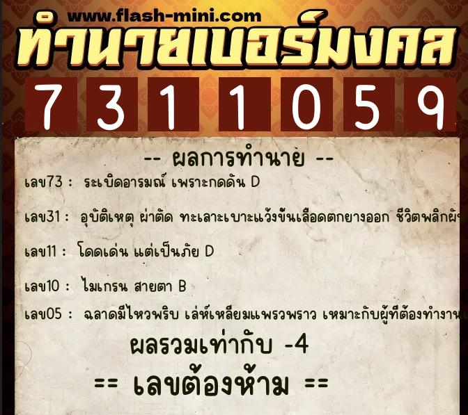 ทำนายเบอร์มงคล 0XX-7311059  ทำนายเบอร์มงคล หมายเลข 080-731105 