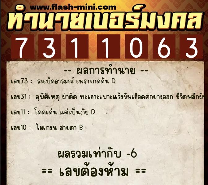 ทำนายเบอร์มงคล 0XX-7311063 ทำนายเบอร์มงคล หมายเลข 067-731106 ทำนายเบอร์มงคล 0XX-7311063 ทำนายเบอร์มงคล หมายเลข 067-731106