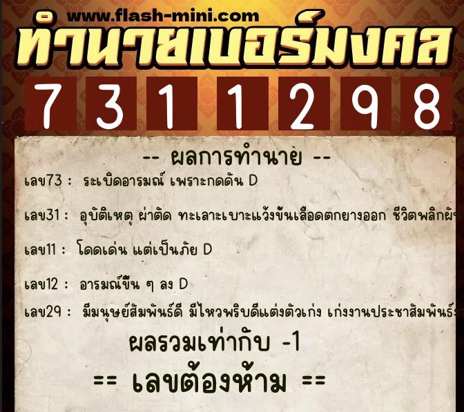 ทำนายเบอร์มงคล 0XX-7311298  ทำนายเบอร์มงคล หมายเลข 095-731129 
