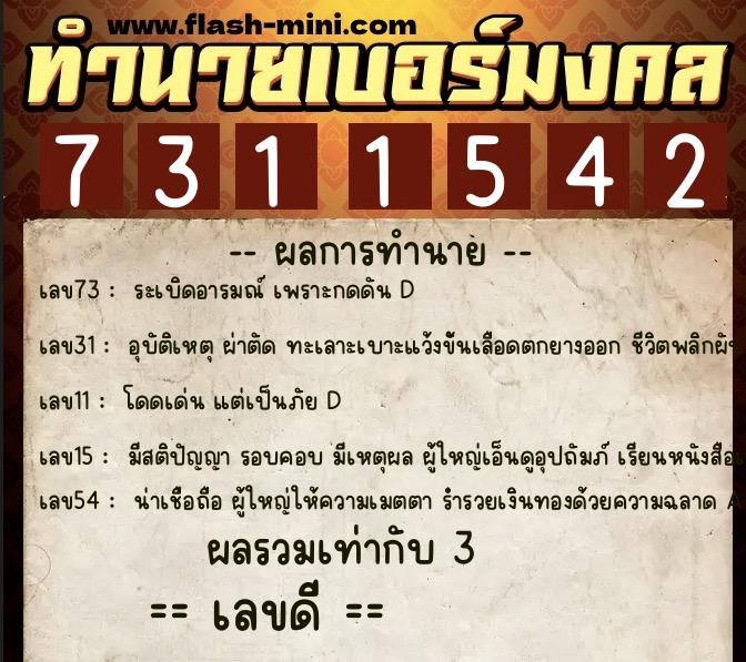 ทำนายเบอร์มงคล 0XX-7311542  ทำนายเบอร์มงคล หมายเลข 098-731154 