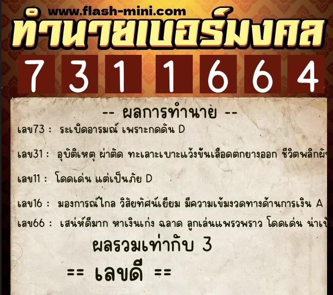 ทำนายเบอร์มงคล 0XX-7311664  ทำนายเบอร์มงคล หมายเลข 065-731166 