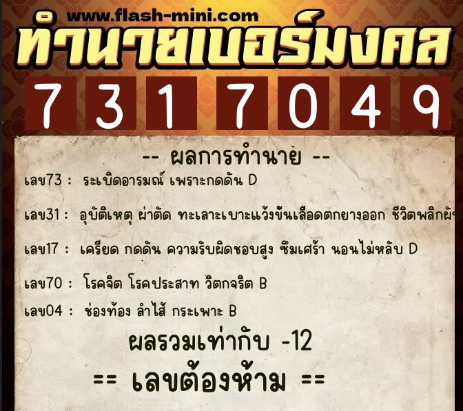 ทำนายเบอร์มงคล 0XX-7317049 ทำนายเบอร์มงคล หมายเลข 066-731704 ทำนายเบอร์มงคล 0XX-7317049 ทำนายเบอร์มงคล หมายเลข 066-731704