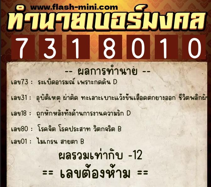ทำนายเบอร์มงคล 0XX-7318010  ทำนายเบอร์มงคล หมายเลข 091-731801 
