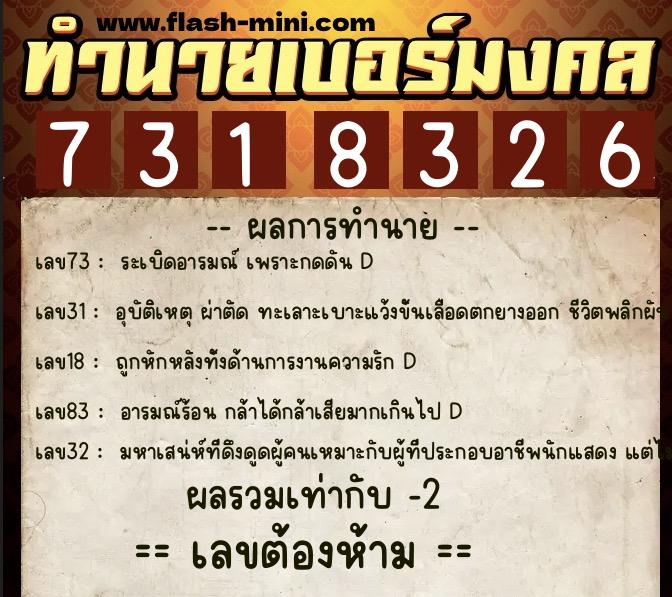 ทำนายเบอร์มงคล 0XX-7318326  ทำนายเบอร์มงคล หมายเลข 081-731832 