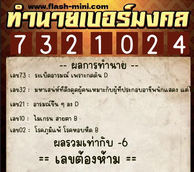 ทำนายเบอร์มงคล 0XX-7321024  ทำนายเบอร์มงคล หมายเลข 092-732102 