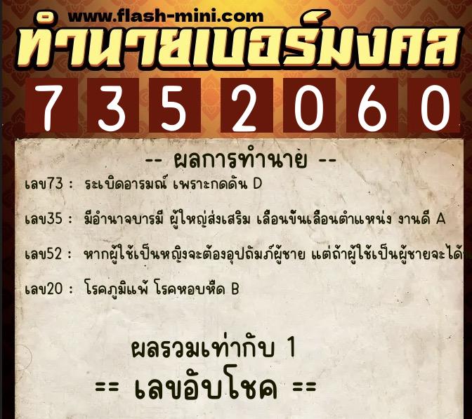 ทำนายเบอร์มงคล 0XX-7352060  ทำนายเบอร์มงคล หมายเลข 064-735206 