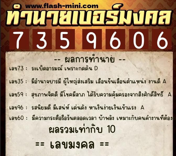 ทำนายเบอร์มงคล 0XX-7359606  ทำนายเบอร์มงคล หมายเลข 080-735960 