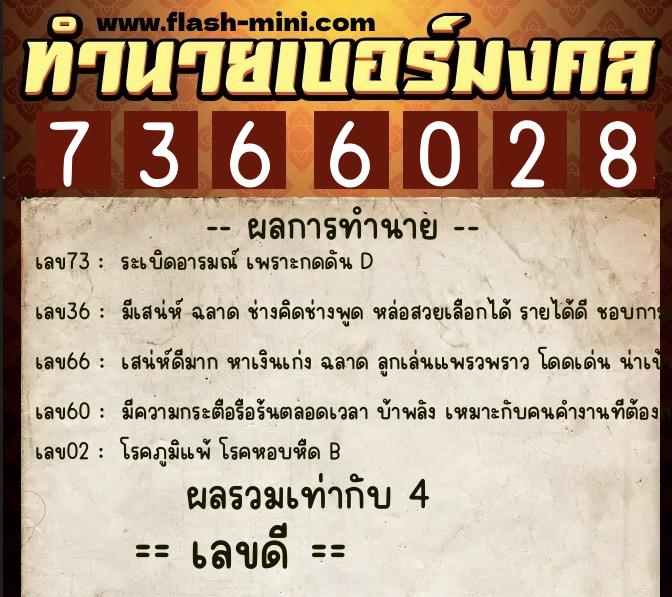 ทำนายเบอร์มงคล 0XX-7366028  ทำนายเบอร์มงคล หมายเลข 080-736602 