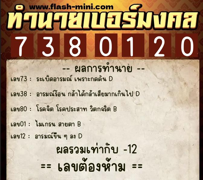 ทำนายเบอร์มงคล 0XX-7380120  ทำนายเบอร์มงคล หมายเลข 081-738012 