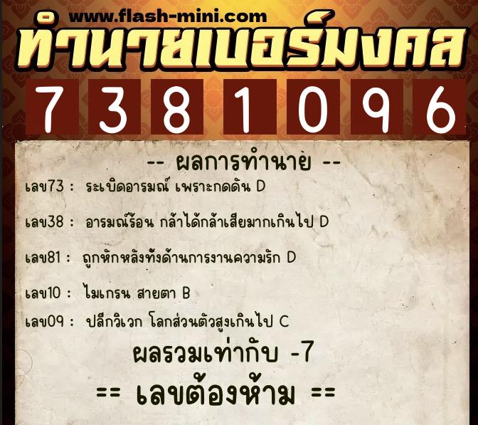 ทำนายเบอร์มงคล 0XX-7381096  ทำนายเบอร์มงคล หมายเลข 083-738109 