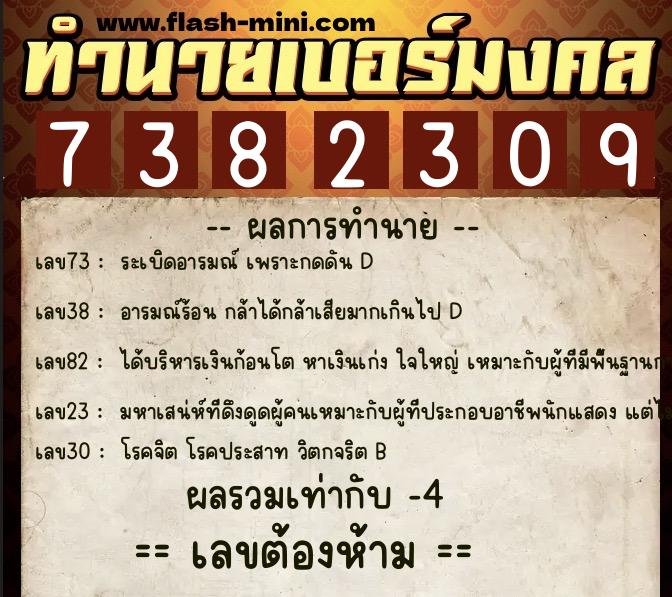 ทำนายเบอร์มงคล 0XX-7382309  ทำนายเบอร์มงคล หมายเลข 092-738230 